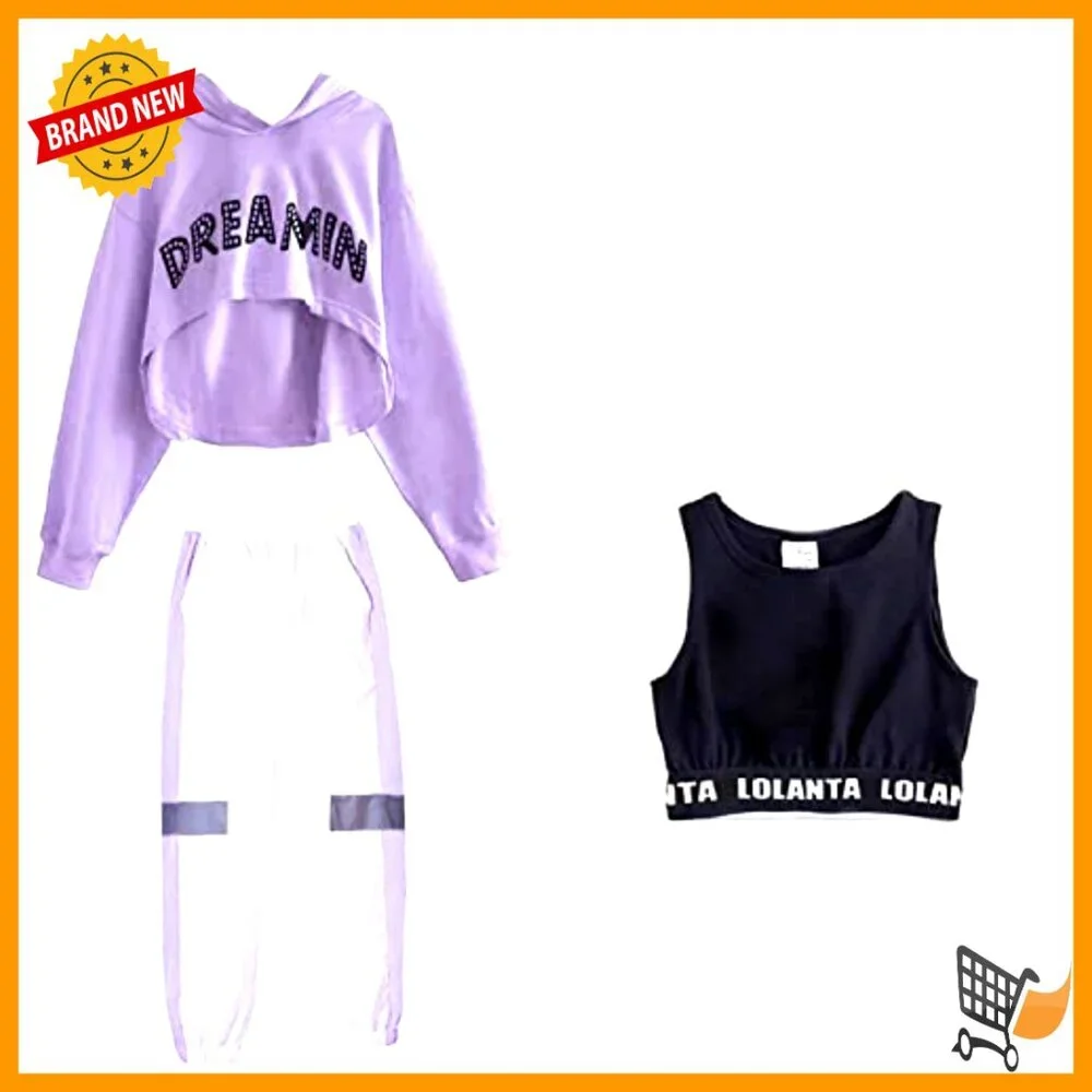 Cropped Hoodie Tank Top Jogger Pants Set Y2K Street Dance Performance Outfit - Picture 6 of 7